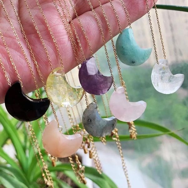 Ожерелья с подвесками, 10 шт./пакет, маленькая луна, ожерелье из натуральных кристаллов, женская крошечная цепочка, амазонитовый камень, цитрины, фиолетовый полумесяц