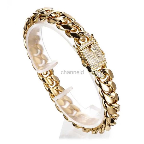 Bangle Miami Cuban Link Chain Pulseira para Mulheres Homens Bangls Cor de Ouro Aço Inoxidável Luxo Cristal Pulso Cadeias Jóias 240319