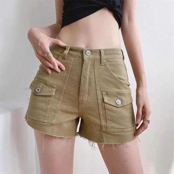 Pantaloncini di jeans casual con tasca sul bordo estivo dei jeans da donna 2024 Pantaloni a gamba dritta per adolescenti a vita alta larghi a tre punti