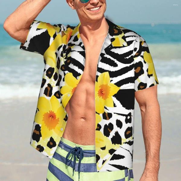 Camisas casuais masculinas preto leopardo praia camisa masculina flores impressão havaiana mangas curtas personalizado diy clássico blusas de grandes dimensões presente