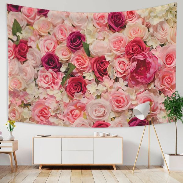 Wunderschöner Wandteppich mit Rosenstrauch, romantischer, frischer Gänseblümchen-Stil, Hintergrund für Hochzeit, Party, 240314