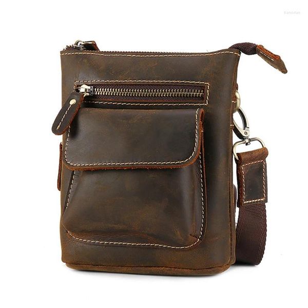 Saco de couro genuíno dos homens cavalo louco cintura masculino bolsa retro couro pequeno crossbody men mensageiro