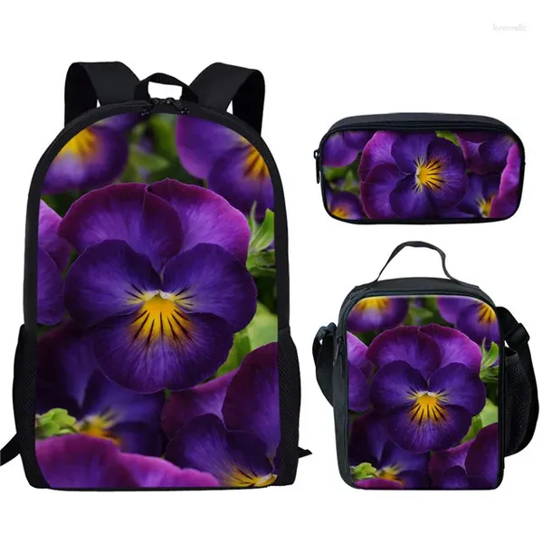 Backpack Hip Hop Harajuku Purple Lilac 3pcs/Conjunto 3D Print School Student Bookbag Travel Laptop Daypack Lunchags Case lápis