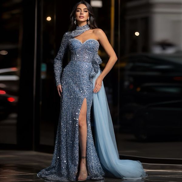 Sparking One Schulter -Meerjungfraukleider 2024 Paillettenseite Split Abendkleid Tüll Tüllrohr Arabisch Dubai Robe de Soiree 415