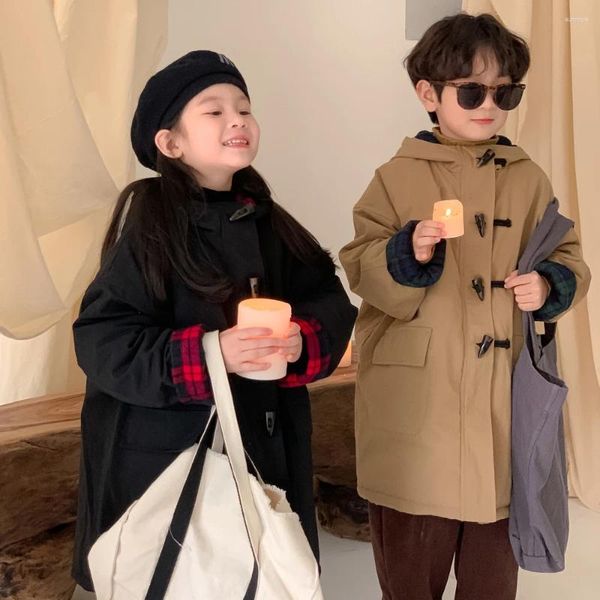 Casaco de inverno quente do bebê meninas meninos botões mais grosso acolchoado jaqueta com capuz moda coreana crianças longo outerwear roupas