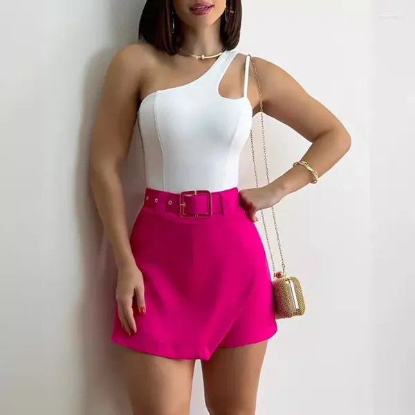 Vestidos de trabalho 2024 verão roupas femininas branco um ombro gola diagonal fino topo cor sólida culottes conjunto de duas peças