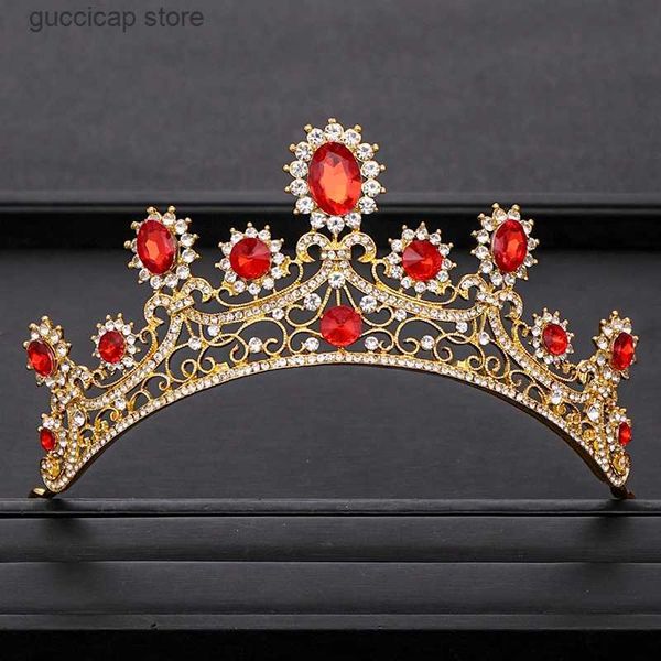 Tiaras Vintage Gelin Düğün Taç Barok Rhinestone Crystal Crown Düğün Saç Aksesuarları Altın Prenses Headdress Gelin Taç Y240319