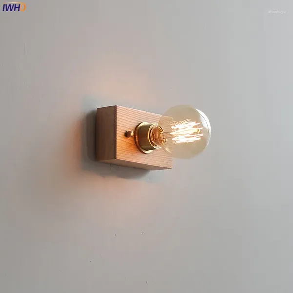 Lâmpada de parede iwhd quadrado cinza madeira led arandela puxar interruptor de corrente plug no quarto sala estar espelho luz da escada wandlamp apliques