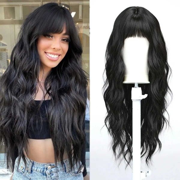 Parrucche sintetiche Parrucche in pizzo Parrucche sintetiche lunghe Stile classico ed elegante Parrucca nera Capelli con frangia per ragazze e donne Fibra naturale Cosplay 240328 240327