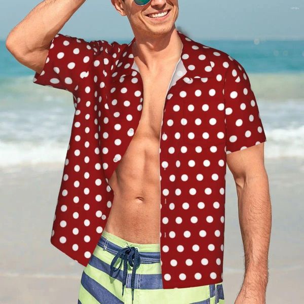Camisas casuais masculinas camisa havaiana praia branco bolinhas blusas vermelho escuro vintage masculino manga curta respirável topos