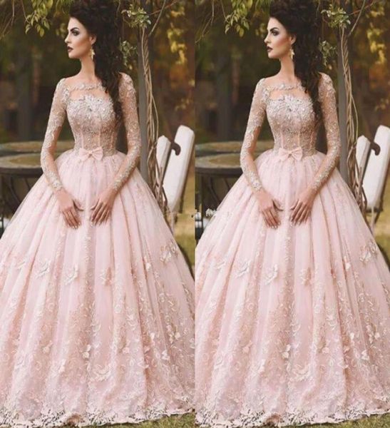 Árabe vestido de baile rosa quinceanera vestidos barco pescoço manga longa renda pura pescoço 2019 vintage doce 16 meninas debutantes vestido de baile c7330101