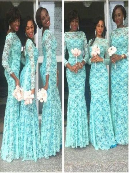 2019 Mnit Green Африканские платья подружки невесты с длинными рукавами Дубайские платья Плюс размер Кружева Бато Нигерийские вечерние платья Женские Form1740019