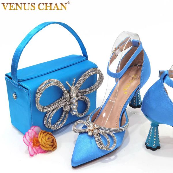 Pumps Venus Chan 2023 Damen Sommer Sonderdesign Sky Blue Farbe Afrikanische Frauen Schuhe und Taschen Soller Spitze Zehenpumpen für Hochzeitsfeier