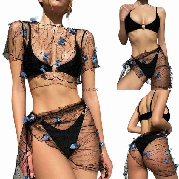 Gonne Gonna pantalone Copricostume da donna Set Mesh Trasparente Decorazione farfalla tridimensionale Manica corta Crop Top Cravatta Sarong Gonna avvolgente 240319