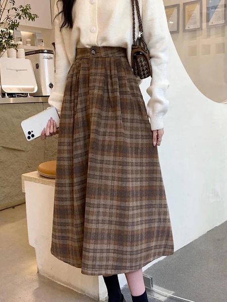 Röcke Plaid Rock Frauen Vintage Lange Woolen Weibliche Koreanische Mode Plissee Midi Damen Herbst Winter Lose Warme