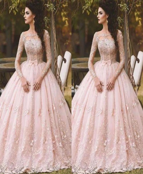 Árabe vestido de baile rosa quinceanera vestidos barco pescoço manga longa renda pura pescoço 2019 vintage doce 16 meninas debutantes vestido de baile c6747809