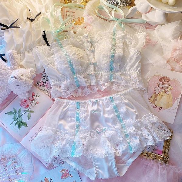 Sutiãs conjuntos japonês doce roupa interior mulheres rendas sutiã puro e calcinha conjunto bonito escola menina respirável íntimos francês chique lingerie 2024