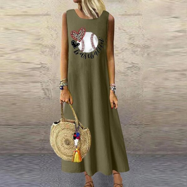 Casual Kleider Frauen Sommer Ärmelloses Kleid Baumwolle Boho Mode Rundhalsausschnitt Lose Vintage Baseball Drucken Midi Für