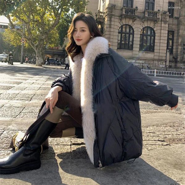 Женские куртки Премиум-пуховик с длинным съемным меховым воротником, свободное теплое модное тонкое пальто, зимнее повседневное темпераментное пальто 2024