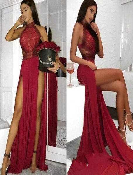 Sexy alta pescoço borgonha vestidos de baile lado divide uma linha apliques topo chiffon sexy sem costas longos vestidos de noite bc09097433361