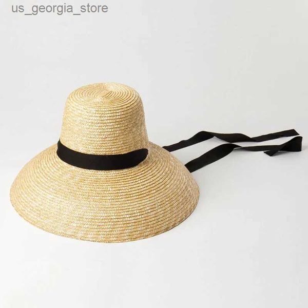 Chapéus de aba larga Bucket Chapéus Mulheres verão chapéu macio trigo str chapéu preto e branco fita laço laço 15 cm de largura aba chapéu de sol proteção UV chapéu de praia Y240319