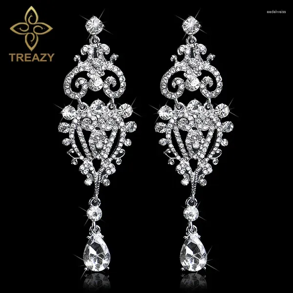 Brincos pendurados TREAZY lindo lustre de cristal nupcial longa gota joias de casamento cor prata strass para mulheres