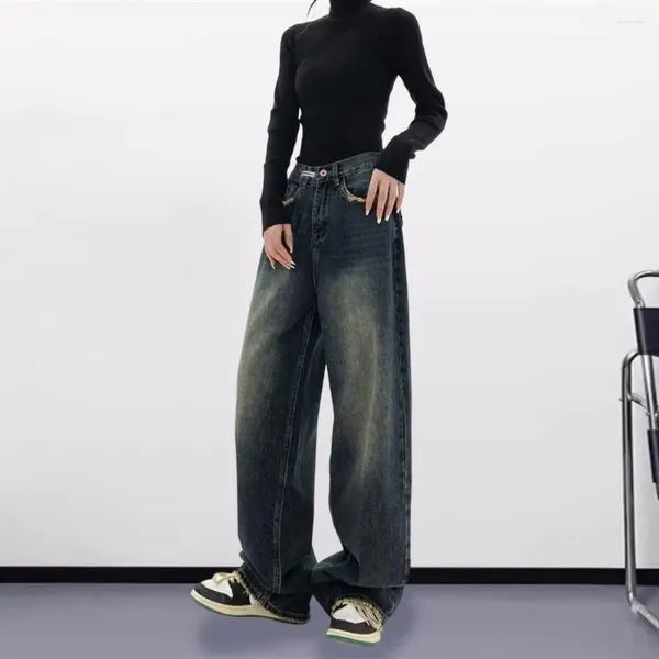 Jeans da donna Jeans larghi vintage a vita alta a gamba larga con tasche profonde sul cavallo Pantaloni dritti lunghi fino al pavimento per i fianchi