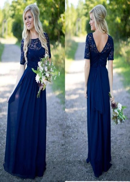 Ülke Nedime Elbiseleri Kollu 2016 Lacivert Dantel ve Şifon Takılı Seralar Sash Long Maid of Honor Gowns EN616465521