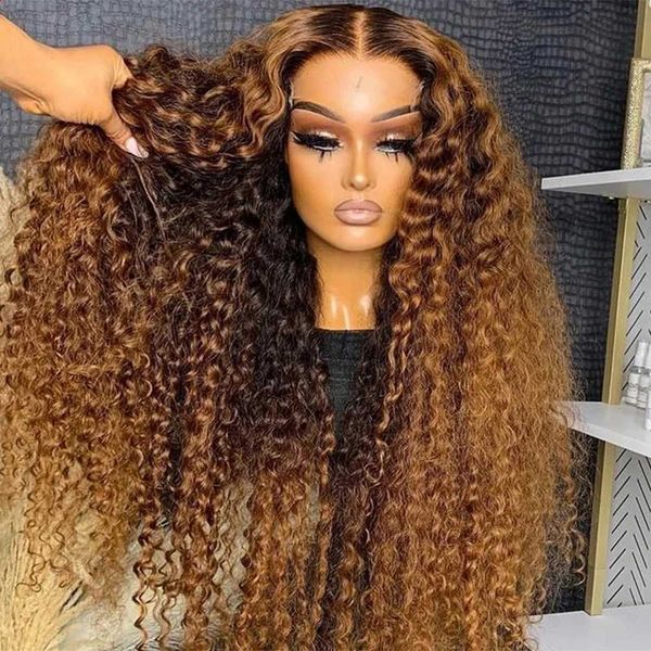 Synthetische Perücken, menschliche Chignons, honigblonde tiefe Wasserwelle, 13 x 4 HD-Spitzenfront-Perücke, Echthaar, tragen Sie Go Glueless Highlight Curly Human Hair-Perücken, 30 32 34 Zoll 240329