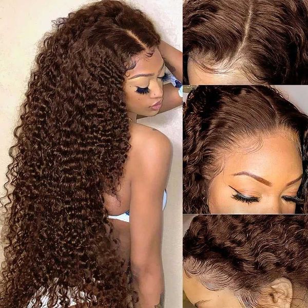 Perucas sintéticas Perucas sintéticas macias 26 polegadas longas marrom escuro Kinky Curly 180Density Lace Front Wig para mulheres negras Babyhair resistente ao calor pré-arrancado sem cola 240327