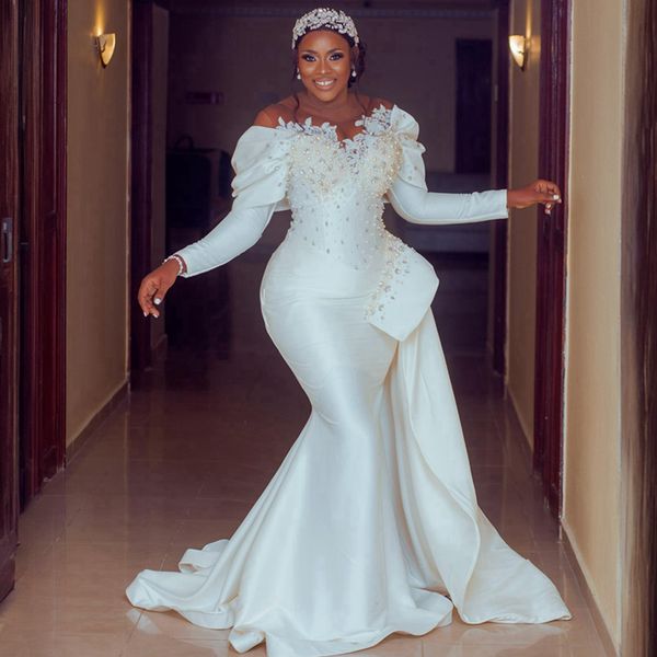 Aso Ebi Sereia Vestido de Noiva para Noiva Plus Size Ilusão Vestidos de Noiva Sheer Neck Pérolas Mangas Compridas Vestidos de Casamento para Africano Árabe Nigéria Mulheres Negras Meninas D178