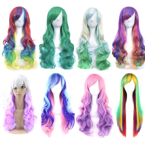 Perücken Soowee Lange Ombre Regenbogen Cosplay Perücke mit Pony Rot Gelb Lila Grün Kunsthaar Blaue Perücken für schwarze Frauen