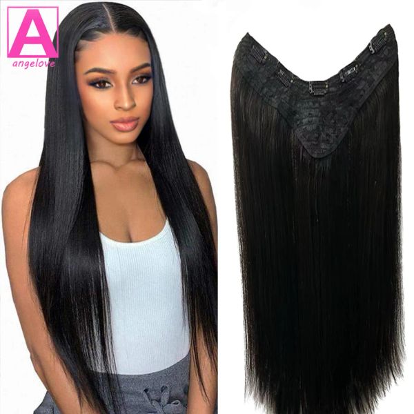 Peça natural preto clipe em extensões de cabelo longo em linha reta em forma de extensão de cabelo com 5 clipes seguros 100% cabelo humano para mulher