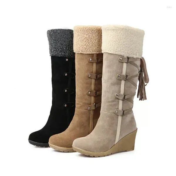 Botas moda neve mulheres sapatos de inverno quente algodão frio joelho alto calçado senhoras plataforma cunha saltos plus size 42