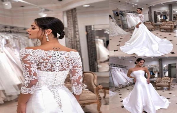 Vestidos de casamento modernos sem alças com jaqueta removível meia mangas boêmio vestidos de noiva com apliques de renda tribunal train2106154