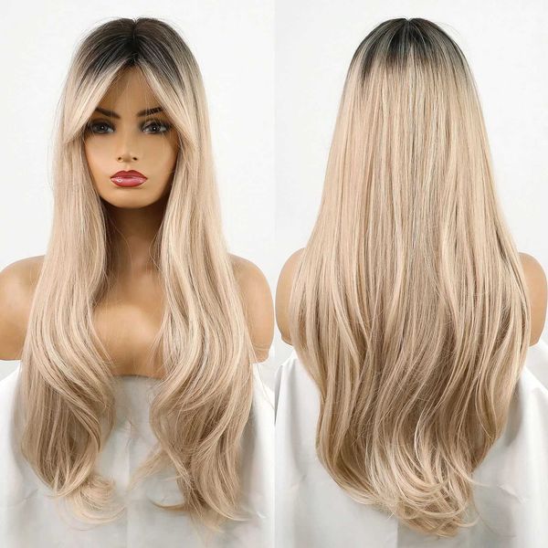 Perucas sintéticas WIGS SINTETICA LONGEIRA OMBRE OMBRE BLAGE BLONDE WIG com franja lateral Resistente ao calor Fibra diária Party Hair Cosplay Wigs for Women 240328 240327