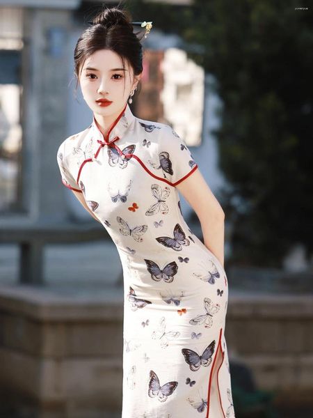 Ethnische Kleidung im chinesischen Stil, künstlerisch, frisch, Shu-Jin-Baumwolle, langes Cheongsam, Frühling und Sommer, Mädchen, verbessert, jung