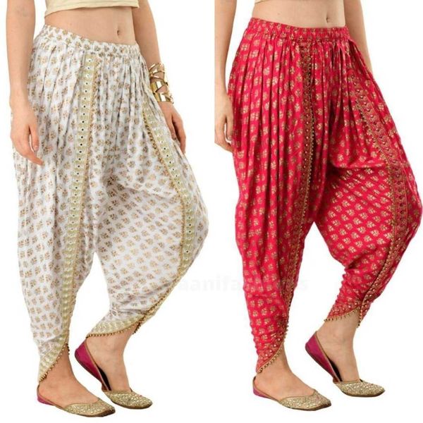 Thai-Hose für Damen aus indischer Seide.Boho Wickelhose.Blauer und rosa Blumen-Paisley-Druck mit goldenen Einsätzen.