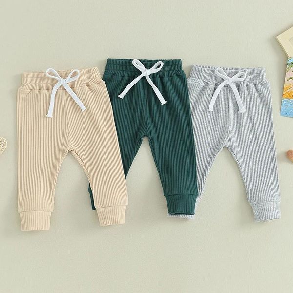 Pantaloni da bambino per ragazzi, 3 pezzi, pantaloni lunghi, tinta unita, fondo invernale a costine, pull-up lavorato a maglia per neonati