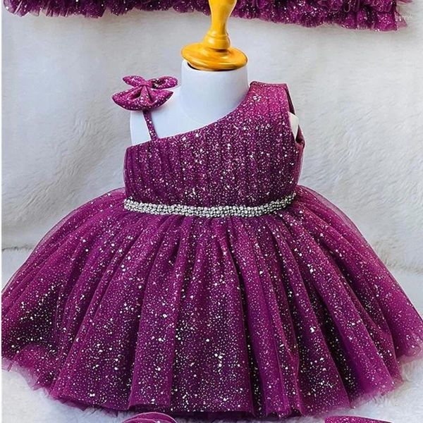 Mädchenkleider 2024 Luxuriöses Kindergeburtstags-Partykleid, glitzernde Hochzeit, große Schleife, Blume, niedliches Baby-Erstkleid