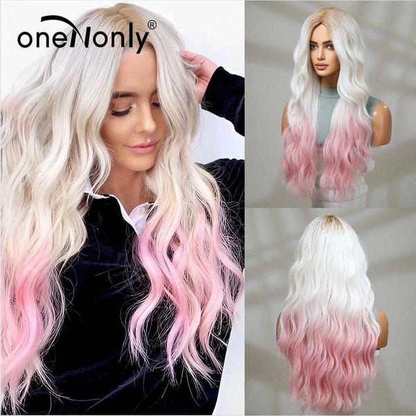 Perucas sintéticas onenonly rosa branco peruca longa loira arco-íris ondulado perucas halloween cosplay festa perucas para mulheres ferramentas de maquiagem cabelo sintético 240328 240327