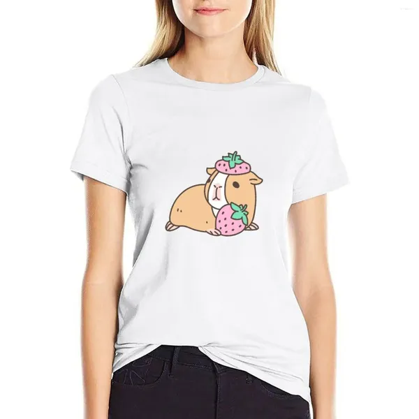 Frauen Polos Rosa Meerschweinchen Und Erdbeere Muster T-shirt Ästhetische Kleidung Koreanische Mode Roll T Shirts Für Frauen