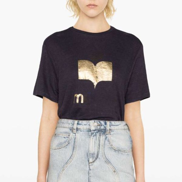 24SS Isabels Marants Camiseta feminina francesa nova moda carta reflexiva estampagem dourada impressão conjunta pulôver de algodão feminino camiseta de manga curta