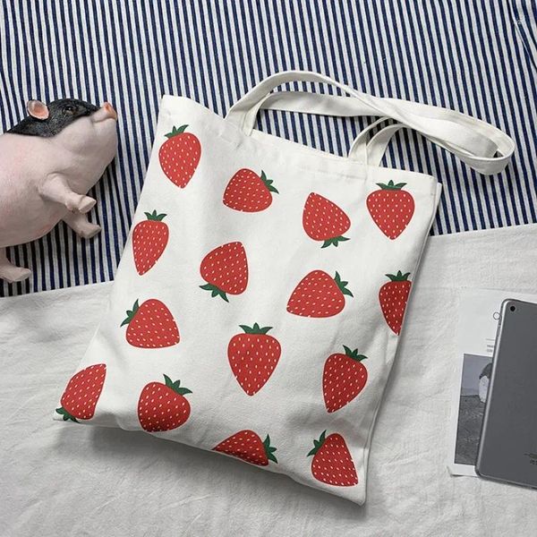 Totes Borsa tote alla fragola carina estetica per borse per ragazze della scuola Shopper Borsa a mano firmata da donna Tela pieghevole