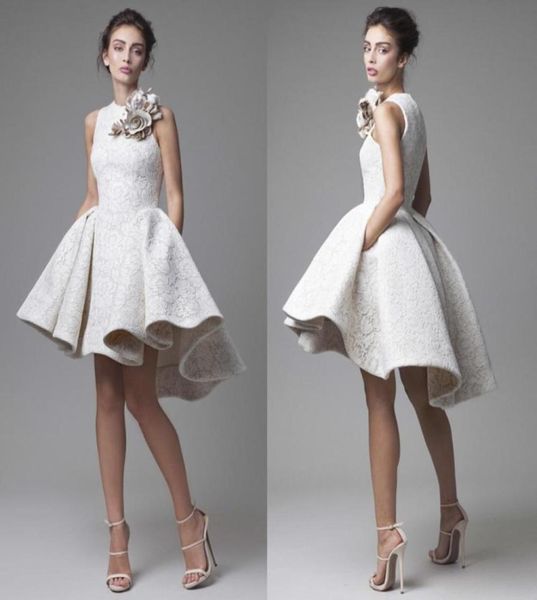 2020 Nuovo abito da sposa in pizzo Krikor Jabotian Gioiello senza maniche Abiti da sposa alti e bassi Abiti da sposa corti ALine Beach con fiori 8864519