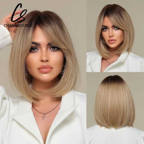 Perucas sintéticas Lace Wigs La Sylphide Bob Ombre Brown Blonde Wig com franja Natural Woman Wigs Daily Party Lolita Perucas curtas Cabelo resistente ao calor 240329