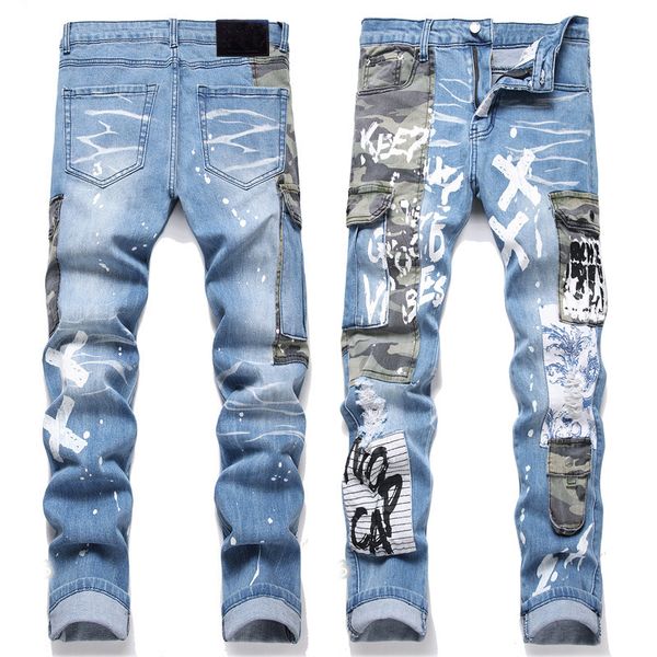 Мужские рваные джинсы Джинсовые длинные брюки Узкие мужские эластичные байкерские джинсы Дизайнерские стираные карманы Лоскутные брюки Окрашенные размеры 29-38 Синий