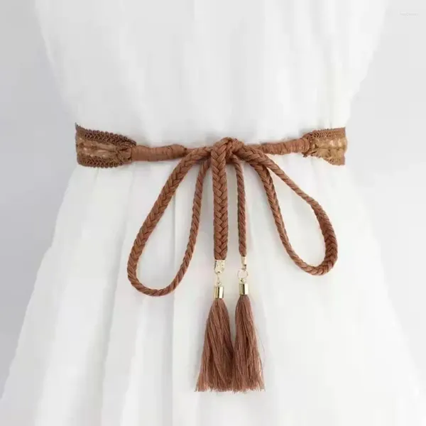 Kemerler Kadınlar düğümlü bel zinciri zarif dantel dekore edilmiş kadın elbise kemeri, püskül uçlu düz renk kablosu ile şık