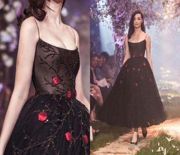 Paolo Sebastian 2020 Nuovi abiti da sera Abiti da ballo con spalline in rilievo nero con fiori rossi Lunghezza caviglia Occasioni speciali D7282209