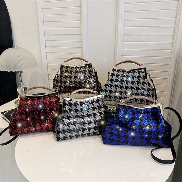 Top Bolsas De Ombro Simples Corrente De Nylon Bolsa Diária Com Lantejoulas Elegantes Bird Grid Underarm Bag Clip Buckle Único Ombro Crossbody Mochila 240311